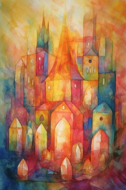 A watercolor painting of a city with a church in the center.