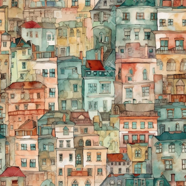 A watercolor painting of a cityscape with a lot of houses.