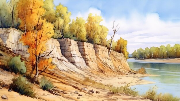 Watercolor Painting Of Cliff Dnieper River Willow And Poplar T