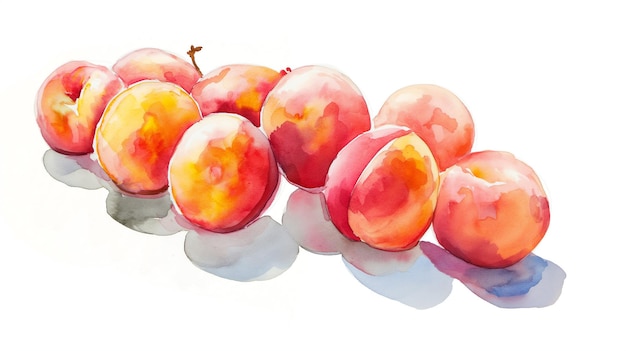 Watercolor painting of a cluster of peaches with vibrant washes of orange and red showcasing juicy t