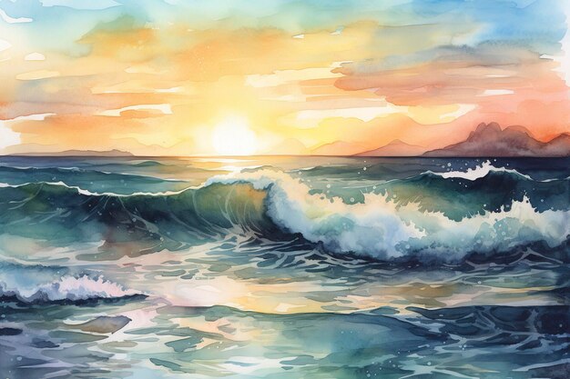 Watercolor painting of a coastal scene including rolling waves sandy beaches and a colorful sky at sunrise or sunset generate ai