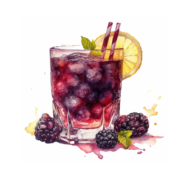 A watercolor painting of a cocktail with blackberries and lemons.