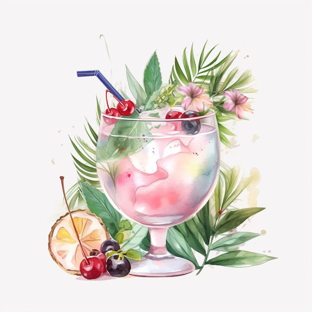A watercolor painting of a cocktail with cherries and a straw.