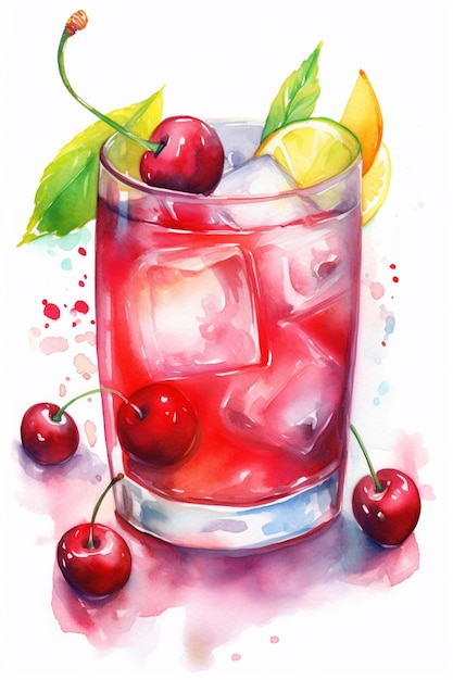 A watercolor painting of a cocktail with cherry and lemons.