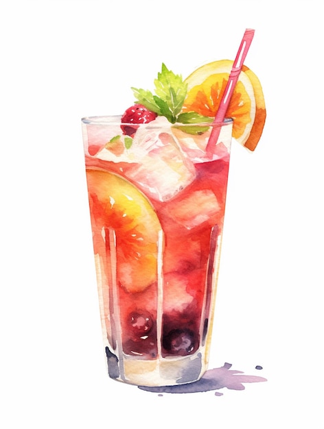 Акварельный рисунок коктейля с трубочкой и красной соломинкой.