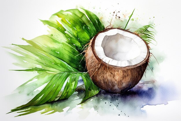 Watercolor painting of a coconut with green leaves