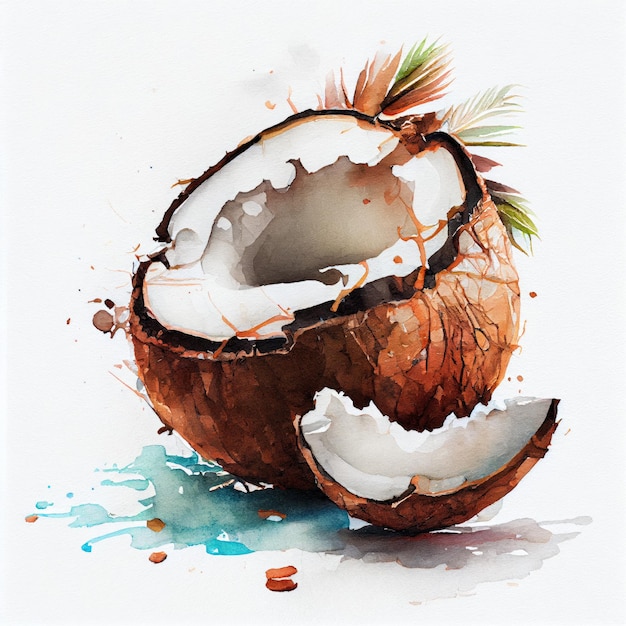 A watercolor painting of a coconut with the word coconut on it.