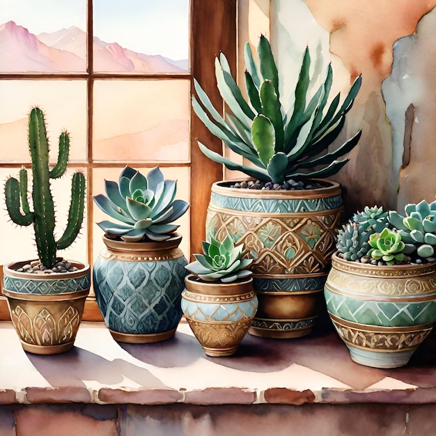 Photo watercolor painting of a collection of ceramic pots with cactus and succulents plants