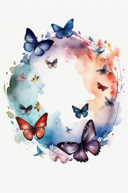 Watercolor painting of a colorful butterfly with a blue circle and the word butterfly on it.