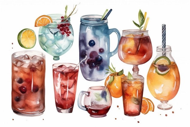 A watercolor painting of a colorful cocktails.