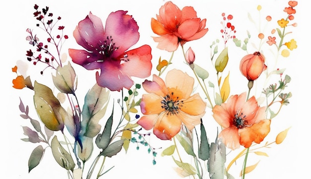 色とりどりの花を描いた水彩画。