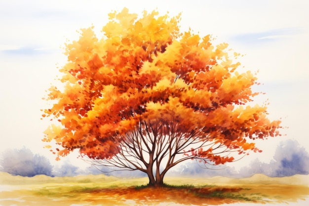 Watercolor painting colorful landscape Autumn alone tree orange and read leaves