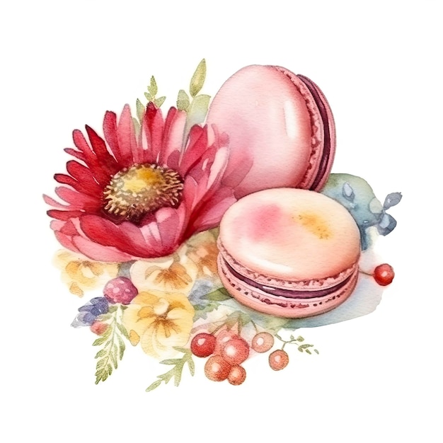 Watercolor painting of a colorful macarons with a flowers