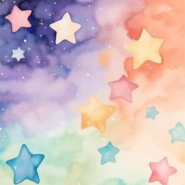 A watercolor painting of a colorful stars with a pink background.