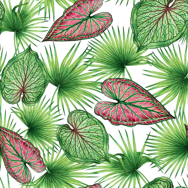 Watercolor painting colorful tropical leaves seamless pattern background