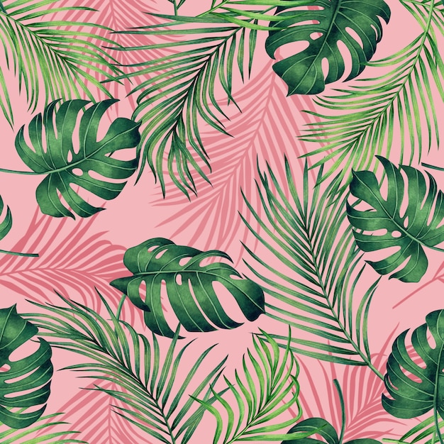 Watercolor painting colorful tropical leaves seamless pattern background.