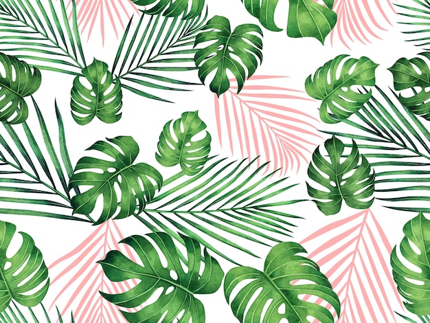 Watercolor painting colorful tropical leaves seamless pattern background