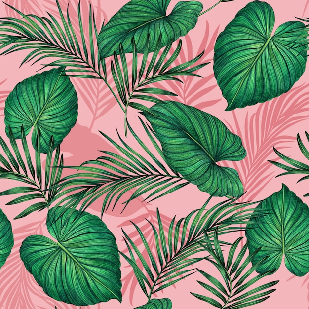 Watercolor painting colorful tropical leaves seamless pattern background.