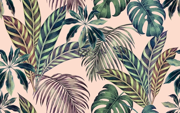 Watercolor painting colorful tropical leaves seamless pattern