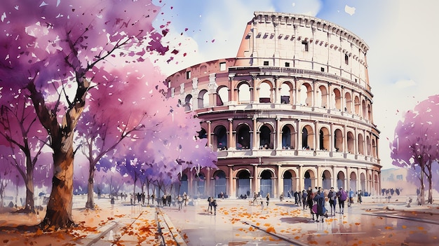 Watercolor painting of Colosseum in Rome Italy