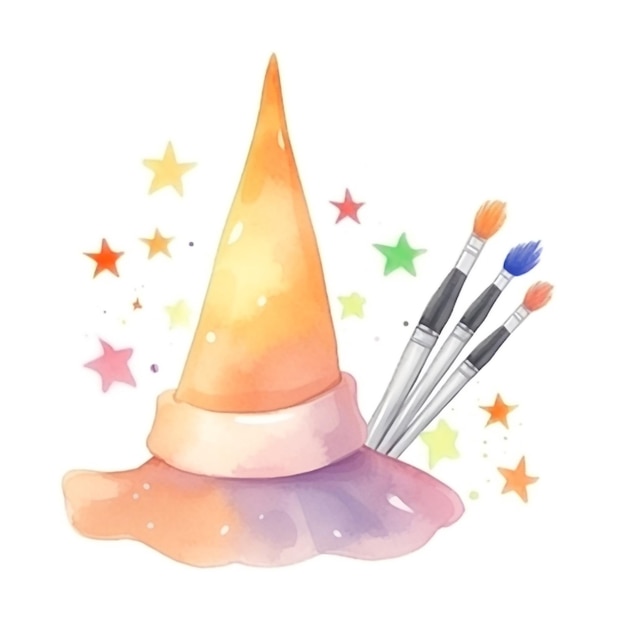 Photo a watercolor painting of a cone with paint brushes and stars.