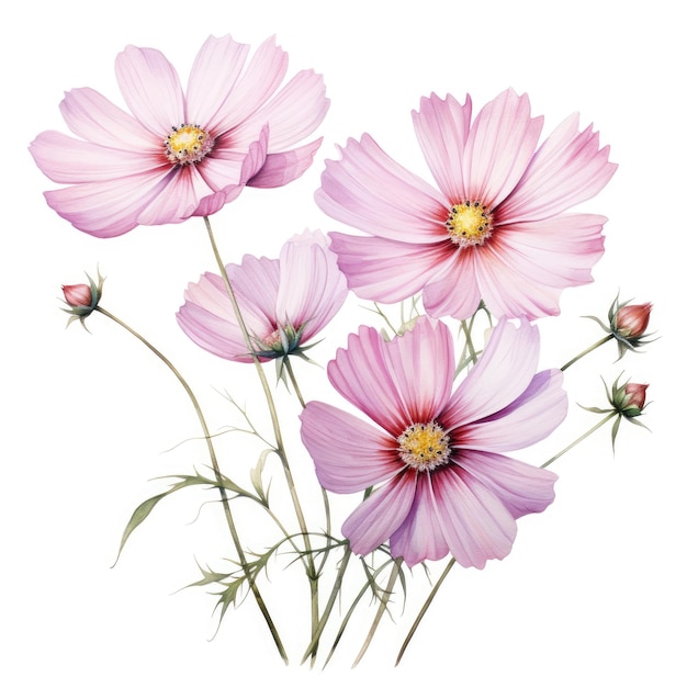 Watercolor painting of cosmos with white background