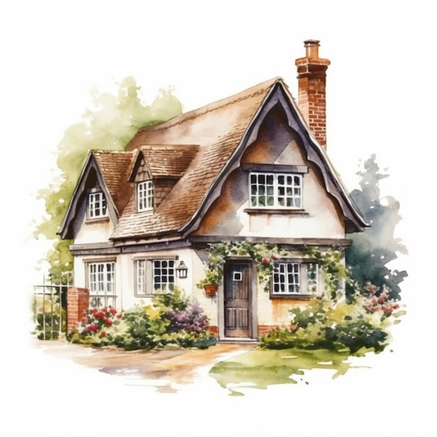 Watercolor painting of a cottage with a chimney and flowers.