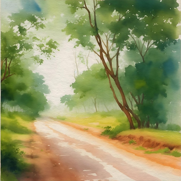 Watercolor Painting of a Country Road Rural Landscape Artwork