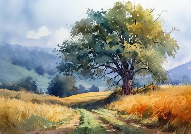 A watercolor painting of a country road with a tree in the foreground.