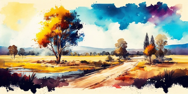 A watercolor painting of a country road with a tree and mountains in the background.