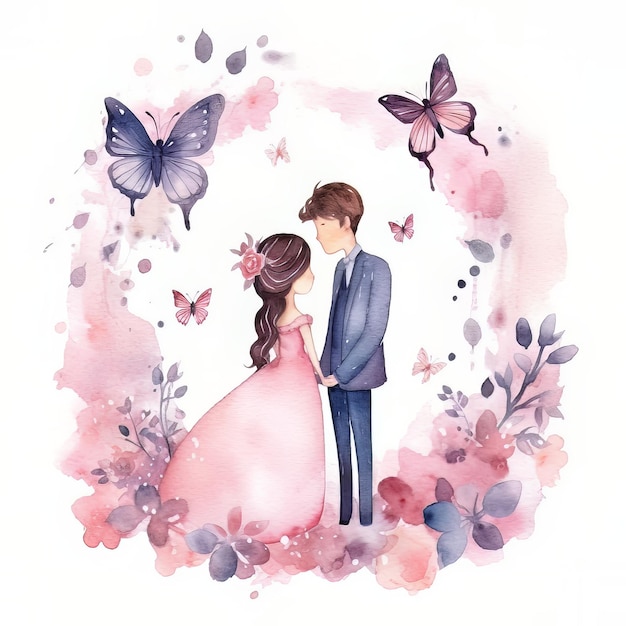 A watercolor painting of a couple in a circle with butterflies around them.