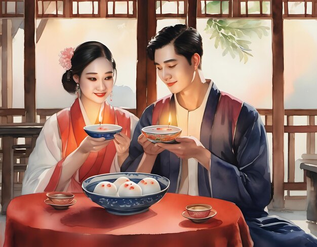 A watercolor painting of a couple holding a bowl of tangyuan with a table and a candle in the back