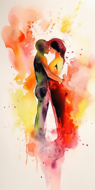 A watercolor painting of a couple hugging.