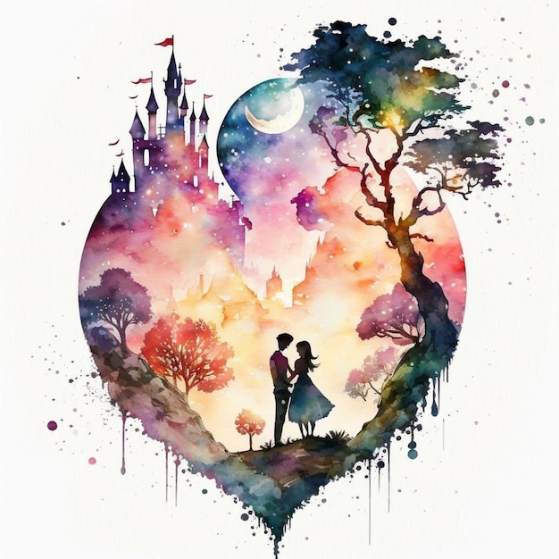 A watercolor painting of a couple kissing in front of a heart shaped heart.