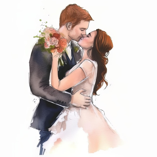 A watercolor painting of a couple kissing.