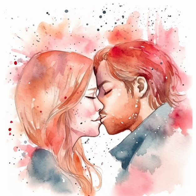 キスをするカップルの水彩画。