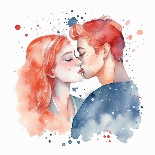 Foto pittura ad acquerello di una coppia che si bacia.
