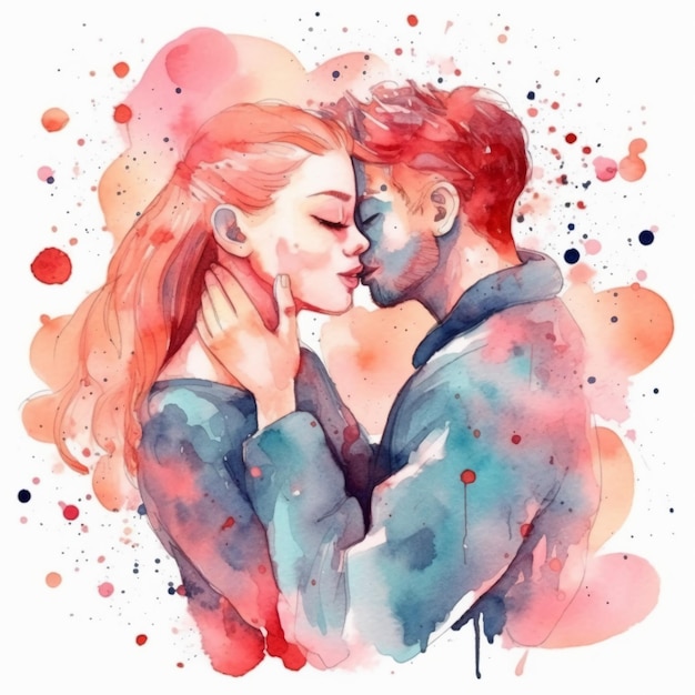 A watercolor painting of a couple kissing.