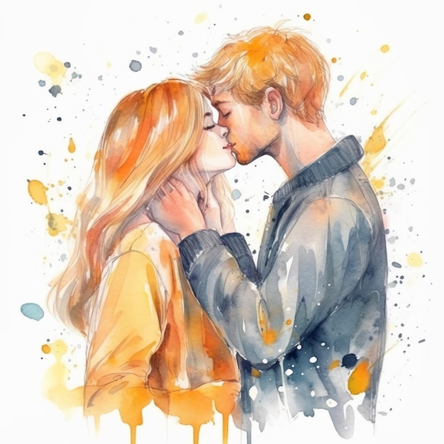 A watercolor painting of a couple kissing.