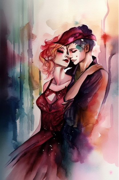 A watercolor painting of a couple in love