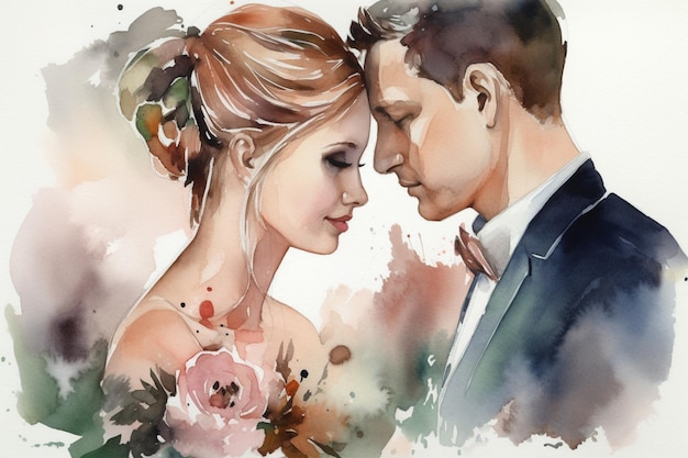 A watercolor painting of a couple in love