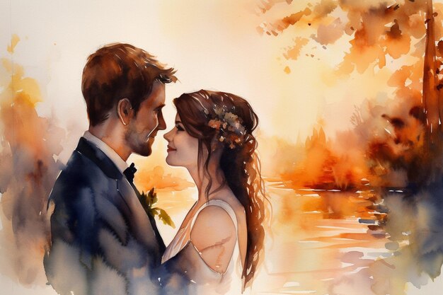 A watercolor painting of a couple in love