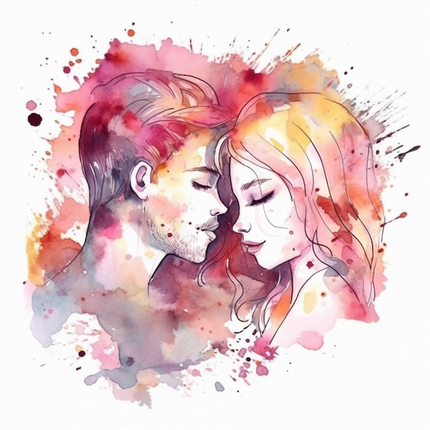 A watercolor painting of a couple sleeping on a colorful background.