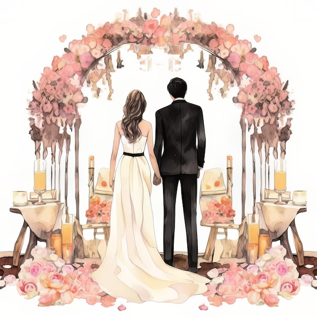 Акварельная картина пары, стоящей перед цветочной аркой.