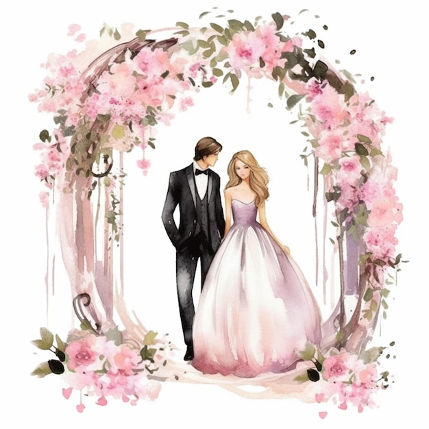 A watercolor painting of a couple walking in a circle with pink flowers.