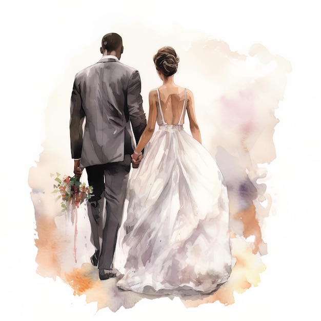 A watercolor painting of a couple walking hand in hand.