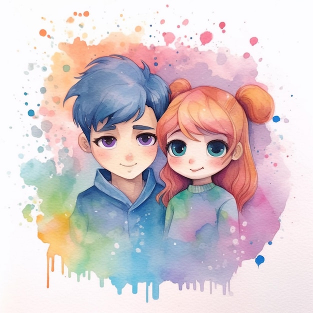 A watercolor painting of a couple with blue hair and blue eyes.