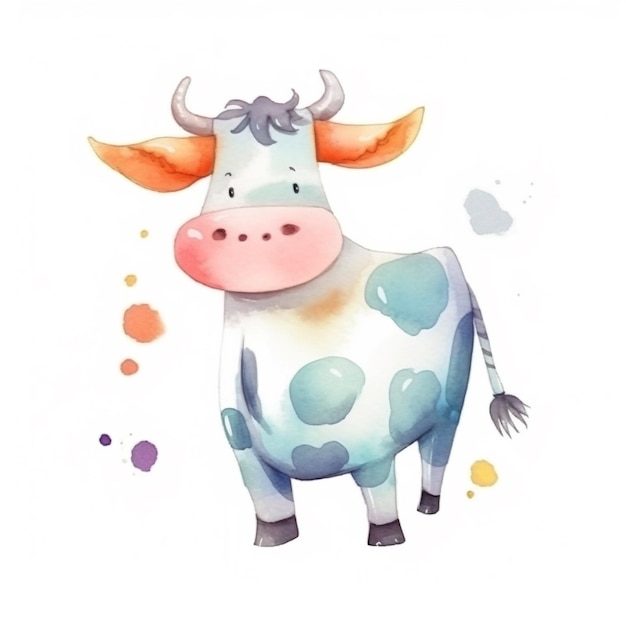 A watercolor painting of a cow with blue spots.