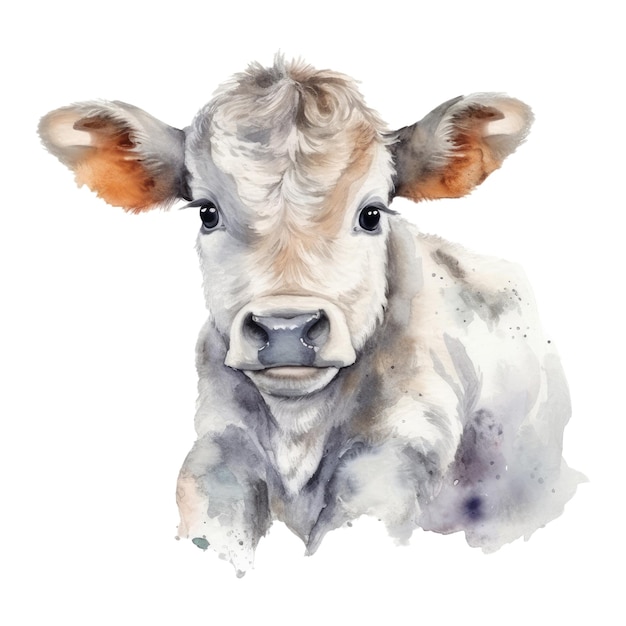 A watercolor painting of a cow with a brown nose.