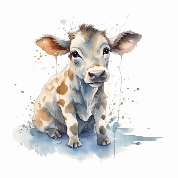 A watercolor painting of a cow with a brown spot on its face.